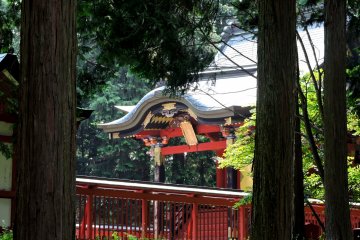 Сквозь деревья виден красный зал храма
