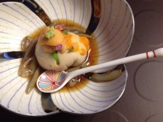 Sea Urchin on tofu seasoned with sesame.