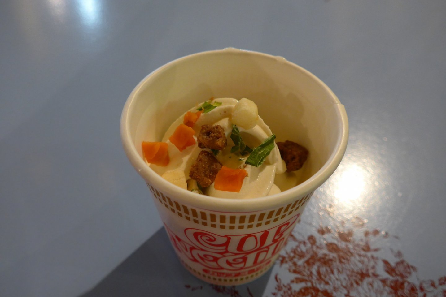 The ramen ice cream came with the ingredients you would usually find in a packet of cup noodles.