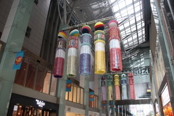 <p>Tanabata streamers hoisted up on display</p>