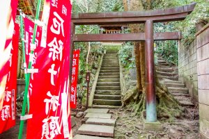 As you walk towards the back of this shrine look carefully for the ascending staircase to the right of this &#39;torii&#39; (gate)