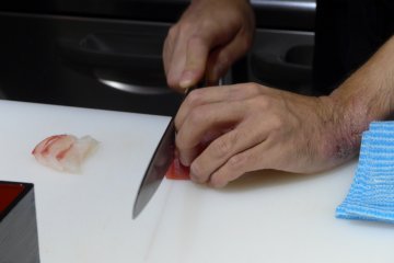The sashimi knife is very sharp and glides through the fish easily.&nbsp;