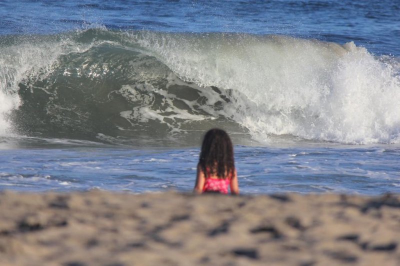 Little girl amazed by the waves