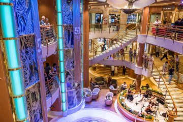 The huge central atrium with glass elevators