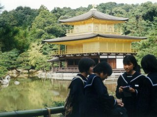 Schoolgirls by the temple