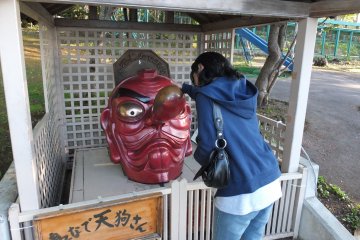 <p>Rubbing his nose for good luck at Mt. Tengu</p>

