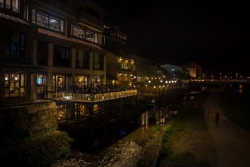 The restaurant terraces at the Kamo River