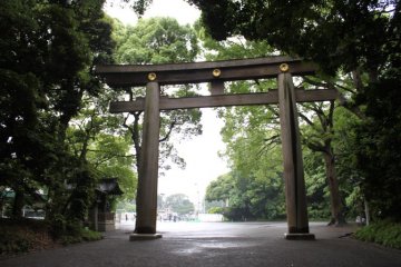 The torii gate at the entrance of Meiji Shrine, marking the entrance to a peaceful oasis.
