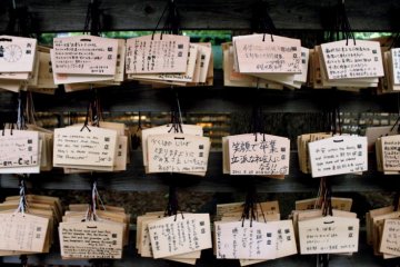 Earnest wishes written on little wooden boards.
