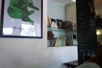 artwork and books at Morio cafe in Takasaki, Gunma