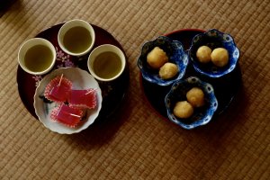 Enjoying tea, potatoes, and shiso jelly