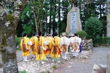 Group of yamabushi praying before the goma fire ceremony commences