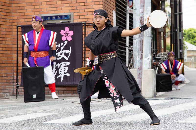 Eisa youth member performing in Kokusai Dori during summer
