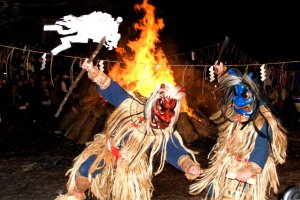 Dance with the traditional two namahage, one with a knife and a bucket, and one with a Shinto accoutrement