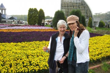 Mom and I and May flowers at Motegi Michi no Eki
