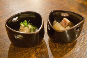 You'll always get a small dish on arrival: these are daikon radish-based