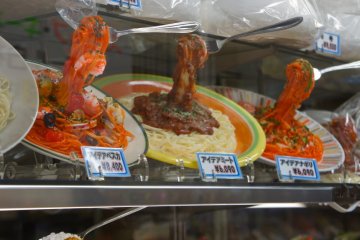 Hanging forks over pasta plastic models on sale for Italian restaurants in Japan