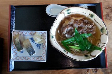 Soba with omi beef and saba sushi