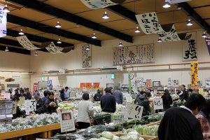 Rows of fresh produce at the Saisaikite-ya Farmer’s Market in Imabari