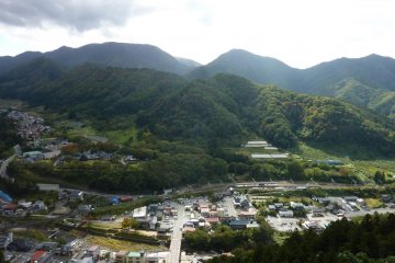 View of town, station and valley from Yamadera Temple