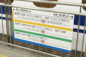 A informação sobre o número de carruagens e a sua numeração em cada um dos comboios do tipo shinkansen que passam numa certa linha está sempre afixada em local visível junto a cada entrada de carruagem