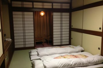 Traditional Old School Tatami Rooms with canal view at Kameyoshi Ryokan at Dotonbori Osaka