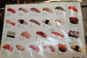 Menu showing the various pieces of sushi available
