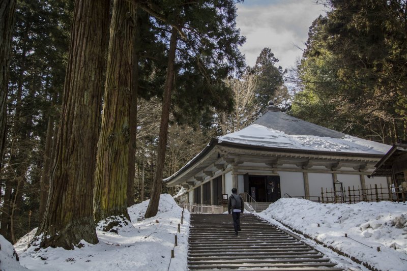 The nondescript steps leading up to Chuson-ji's gold-covered Konjikido transforms into a white stairway in winter — perfect for photos 