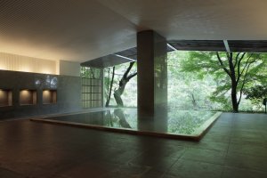 The hot spring bath combines inside and outside sections in one.