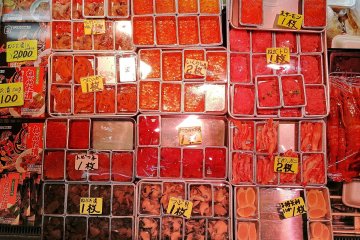 Several kinds of fish eggs and seafood