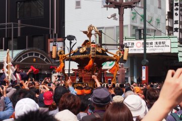 <p>The mikoshi being borne around the streets that have been temporarily blocked off for the day. The subways still work, though. Get off at Asakusa Station on the Ginza line and follow the crowd out. You can&#39;t miss it.</p>