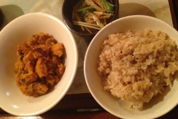 Gohan set with brown rice, miso soup, housemade pickles