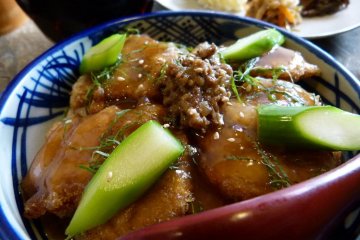 Main "Donburi" veggie meat ontop of rice with sauce