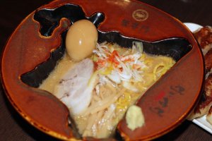 A bowl of miso ramen from the Kanisenmon Keisuke shop on Tokyo Ramen Street.