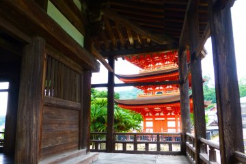 The bright red of the Five Story Pagoda peeks through the hall