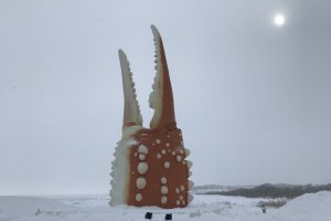 Braving the cold winter air and snow to check out the iconic crab claw