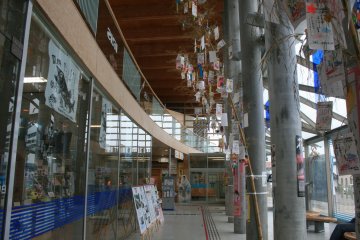 Tazawako Station with paper streamers reminescent of Tanabata