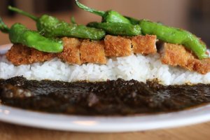Katsu and beef curry with shishito pepper topping