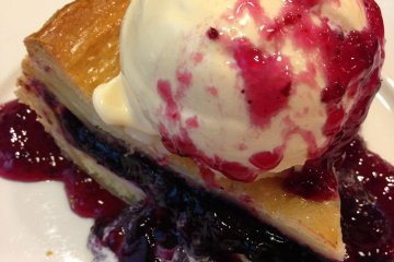 Blueberry cheesecake pie a la mode is the perfect ending to a delicious meal.