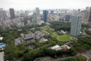 Bird's eye view of Shiba Park. The tomb is located beneath the little grove to the left of Prince Park Tower on the right.