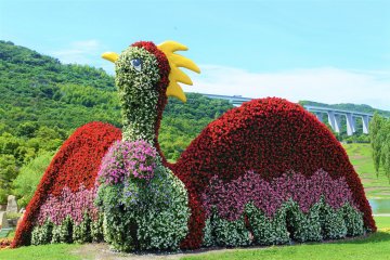 A large bird with the flowers