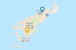Points d'eau sur la petite île d'Amami Oshima : bleu = publique (forêt), jaune = privé (auberge).