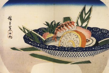 An Edo-era woodblock print of sushi by Hiroshige