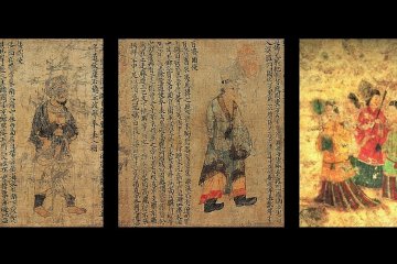 左图的倭国（即后来的日本国）使者像，以及中图的百济国使者像均撷取自《职贡图》宋代摹本的残卷；右图为其中一幅高松冢古坟壁画