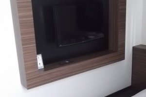 The TV is set in the wall