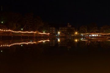 A view of the illuminated pond just a minute from the hotel