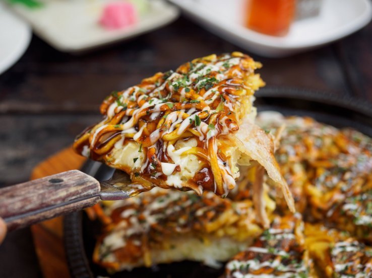 Warm okonomiyaki fresh off the plate