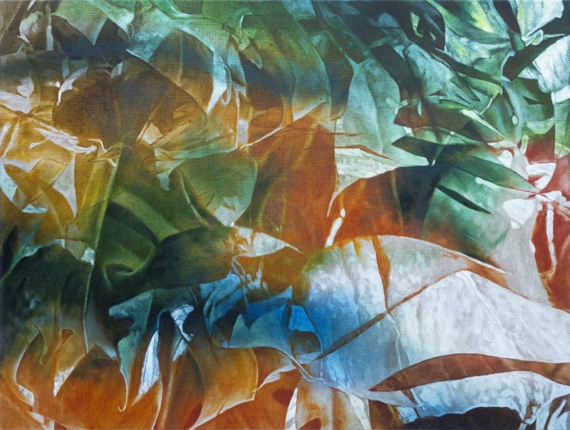 One of Goji's oil paintings depicting monstera plants
