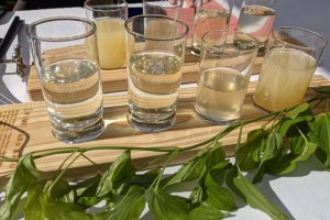 Tasting paddle of apple ciders, including Sonic, Melow and Trezor