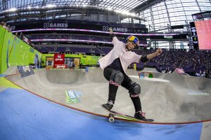 Sakura Yosozumi competing in Women's Skateboard Park during X Games Minneapolis 2019